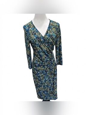 Laundry by Design Women's Blue Green Abstract Ruched Faux Wrap Midi Dress Sz 10